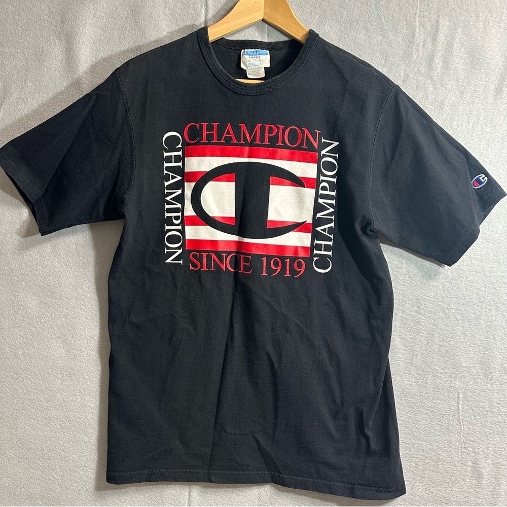 Vintage 90s Champion Since 1919 T-Shirt black Mens Size Large Blue bar tag